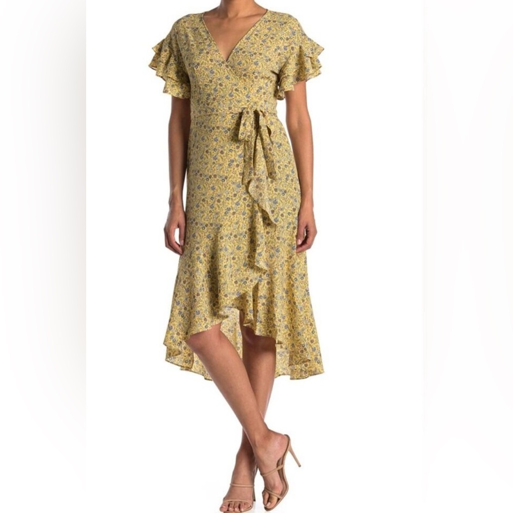 Max Studio Floral Yellow Ruffle Wrap Spring Dress